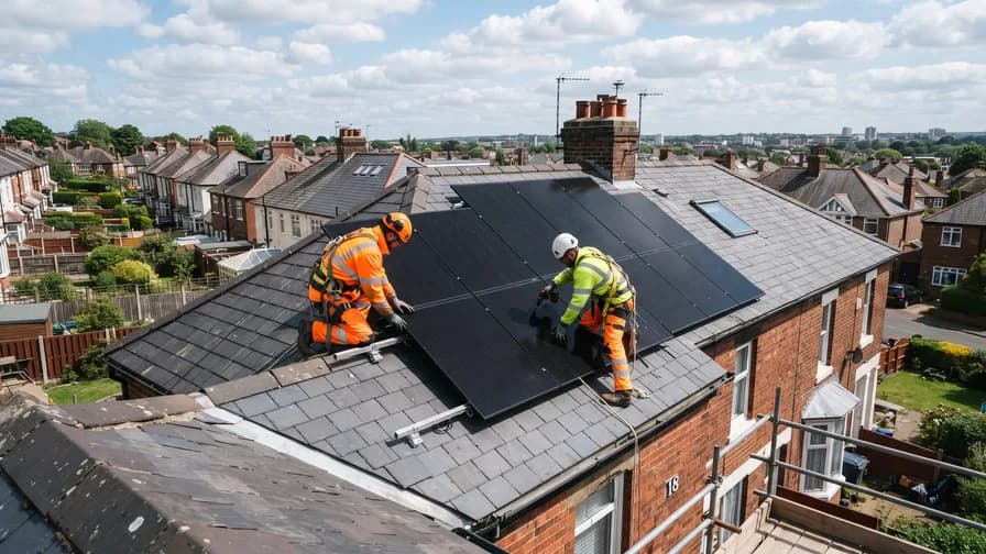 Technician installing blue solar panels on a house roof.
